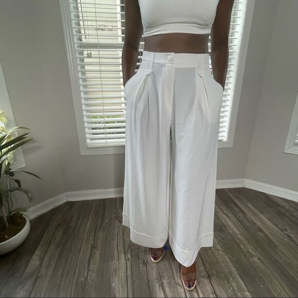Revolve Babylon Collection Wide Leg Cuffed Trouser Pants in White Cream - Picture 8 of 11